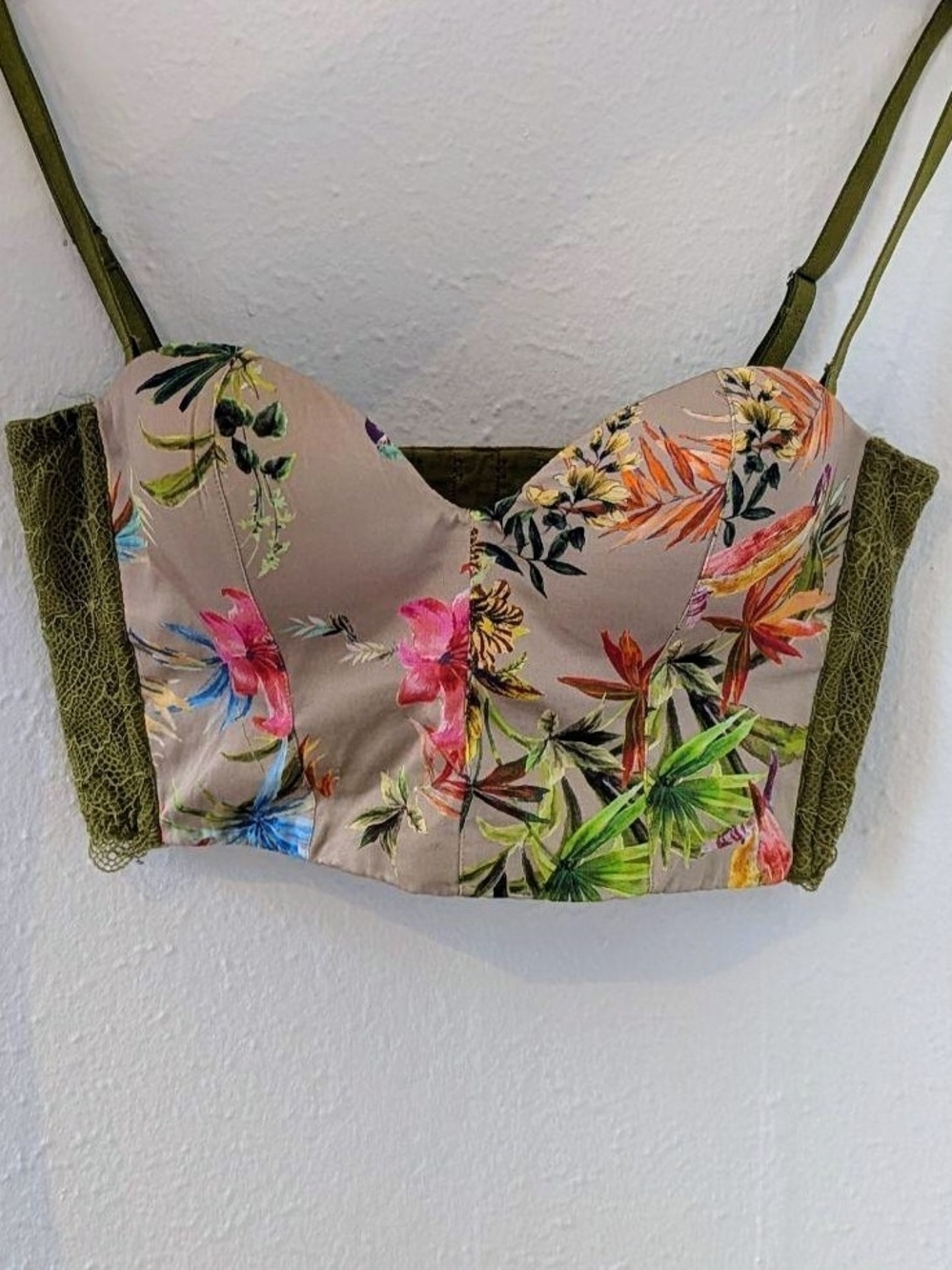 Intimissimi Olive Green Tropical Floral Lace Bustier Crop Top Size 34B